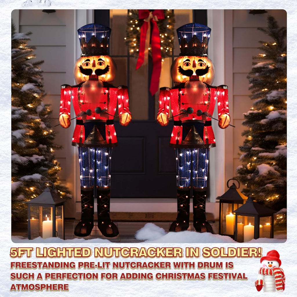 5FT Large Nutcracker with Drum, Nutcracker Christmas Decor with 100 Warm White Lights, Soldier Xmas Welcome