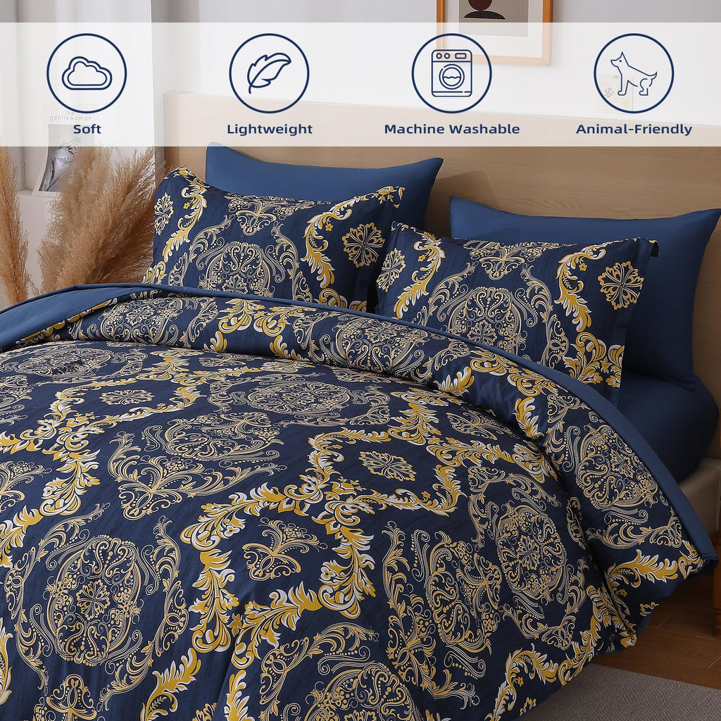 Blue Gold Comforter Set King Size, Damask Texture 7 Pieces Bed in a Bag Microfiber Comforter Bedding Sets -1