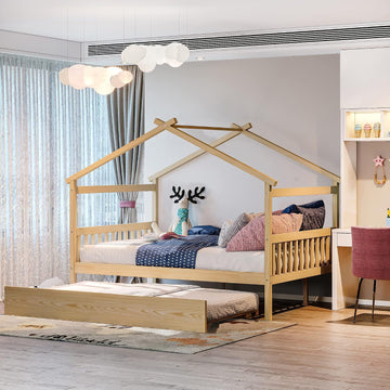 Full House Beds with Trundle Wooden Kids Montessori Bed Frame Wood Playhouse Tent Bed Frame for Girls Boys, Full