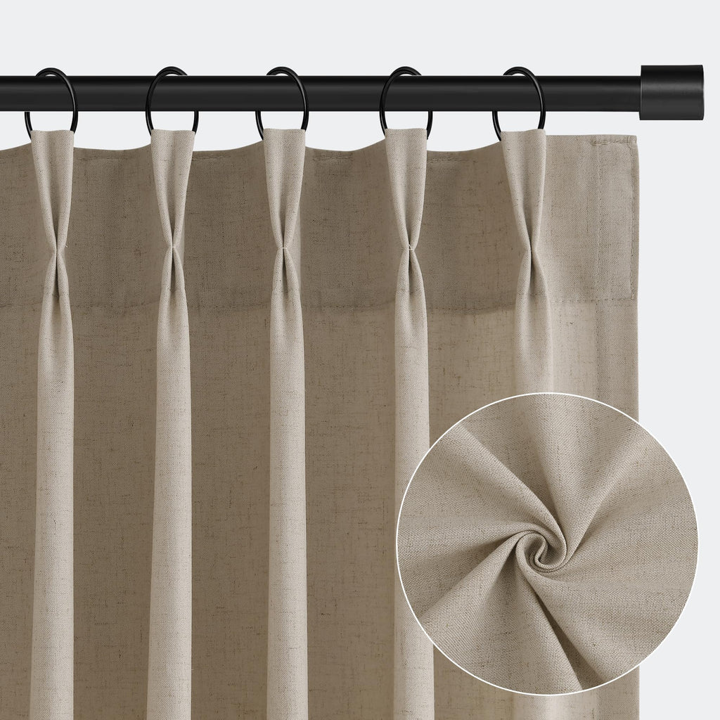 Cobblestone Pleated Linen Curtains 90 Inches Long Dining 2 Panels Pinch Pleat Drapes Hooks Rings Rustic Farmhouse