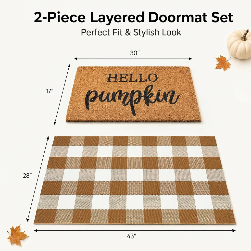 Fall Decor Door Mat Combo Set, 100% Coco Coir Welcome Mat + 28 x 43 Inches Coffee and White Plaid Rug - Fall