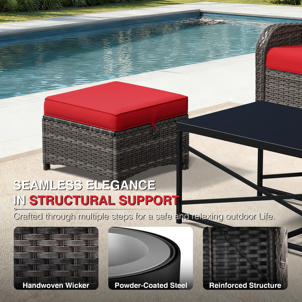 Outdoor Ottoman Set of 2, Patio Large Ottoman Foot Rest with Thickened Cushions, Outdoor Wicker Foot Stool for Porch