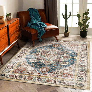 Washable Area Rug 5'x7' Retro Beige Blue Boho Chic Medallion Distressed Design Indoor Non-Slip Large Persian Oriental
