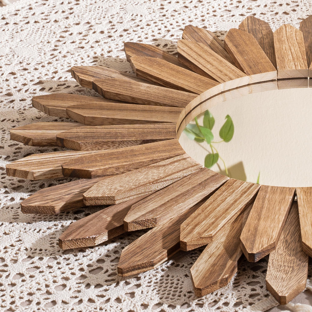 Boho Wall Decor 18 inch Rustic Wood Sunburst Boho Wall Mirror Farmhouse Wall Decor Bedroom Bathroom Hallway House