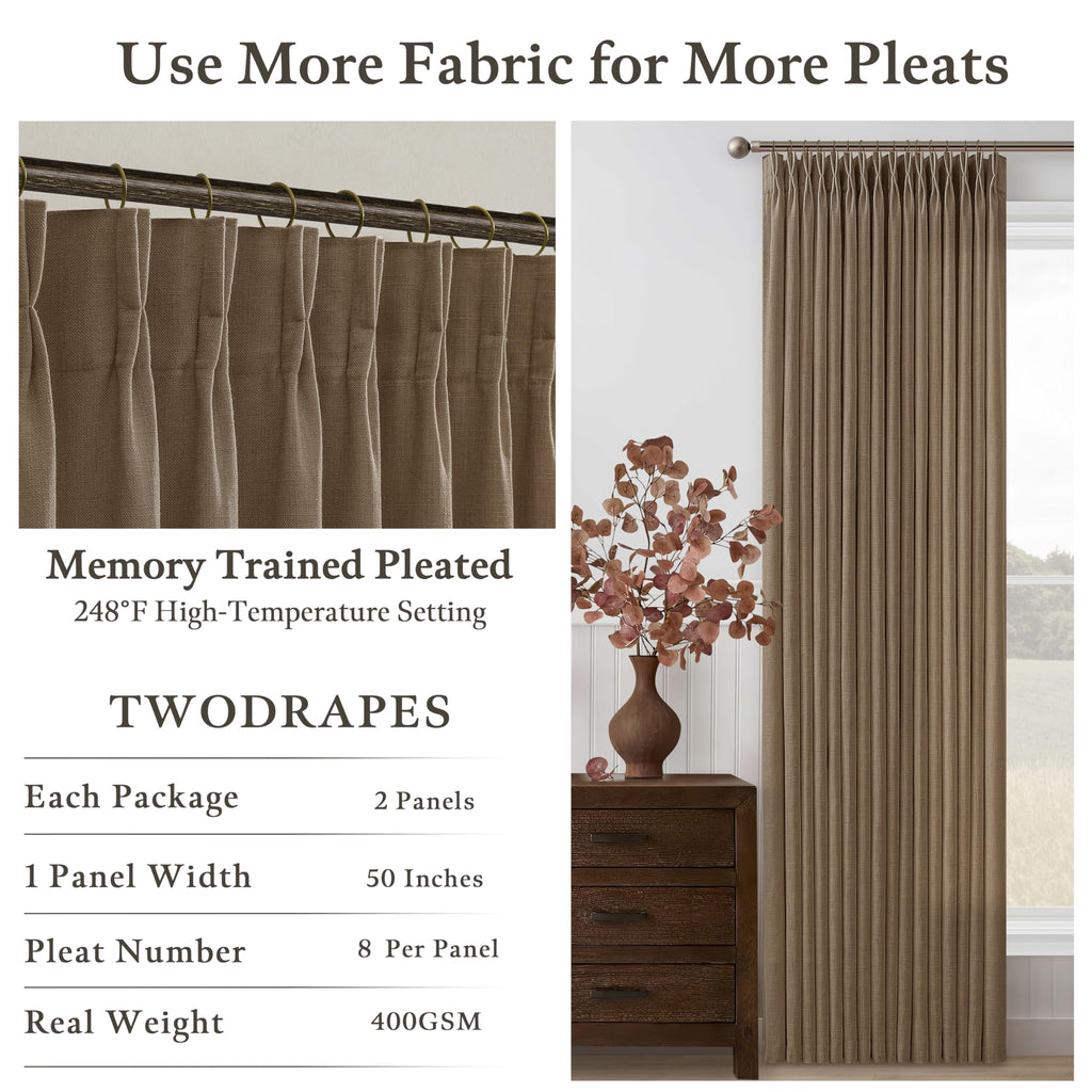 Pleated Linen 120 Inches Light Filtering Dark Brown Ceiling Curtains 50W