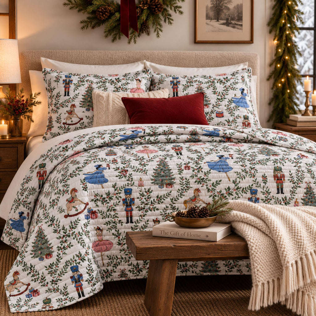 Christmas Quilt Set King/Cal King, Reversible Bedspread, Nutcracker