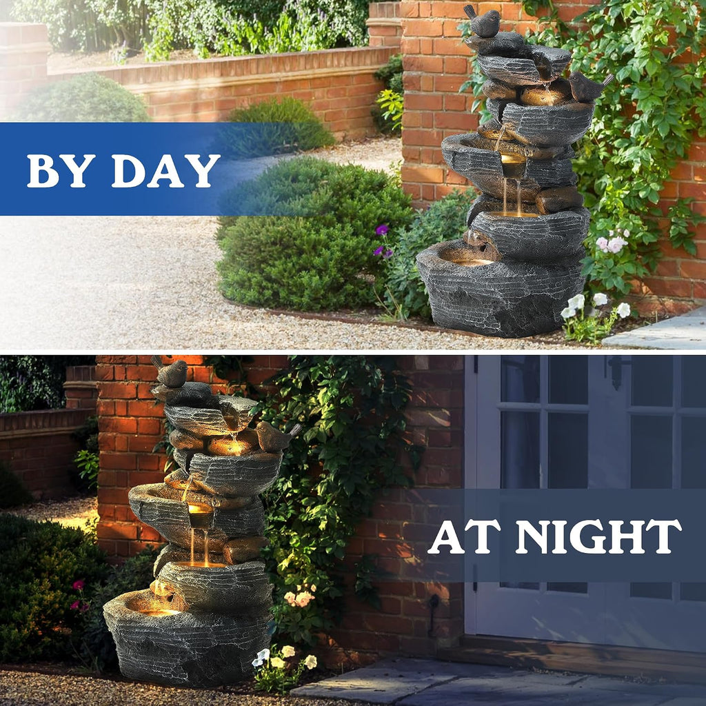 5-Tiers Cascading Rock Water Fountain Outdoor, Waterfalls Fountains | Garden Freestanding Resin Water Feature