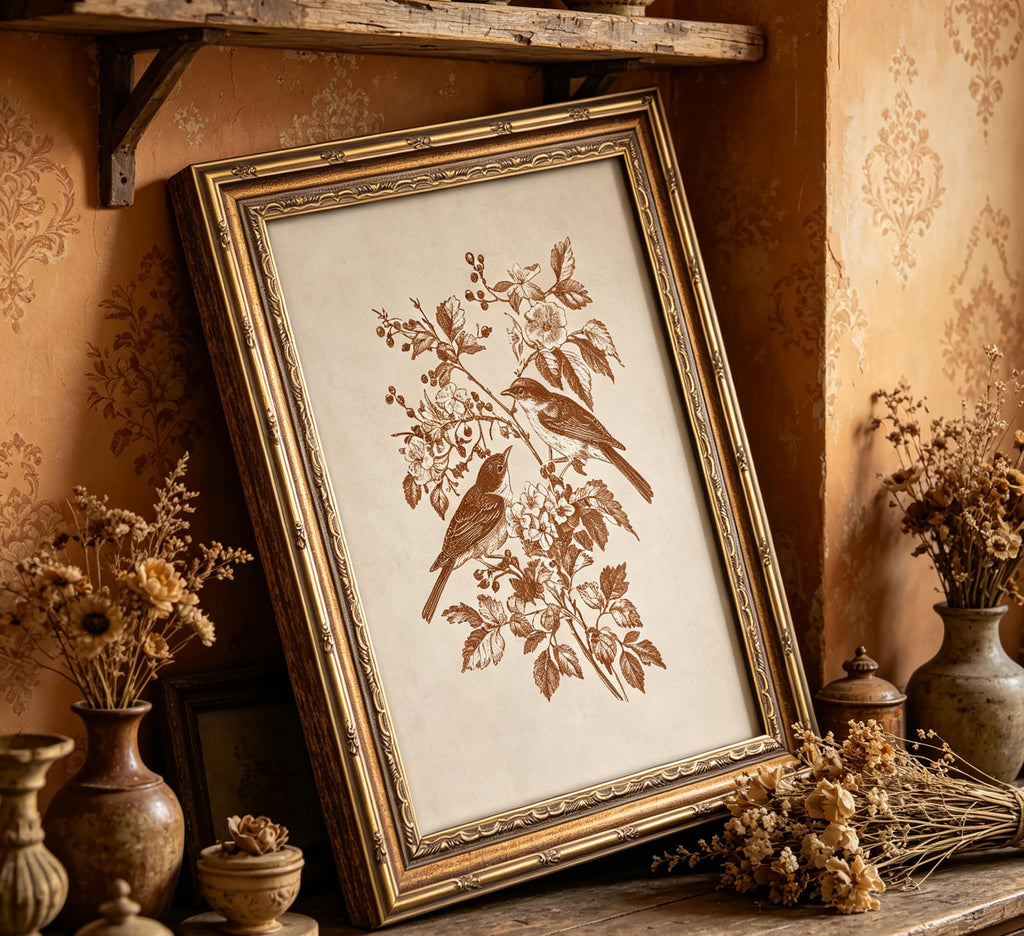 Vintage Gold Framed Canvas Wall Art Sketch Bird Painting Picture Wall Decor Botanical Flowers Sparrow Poster Print