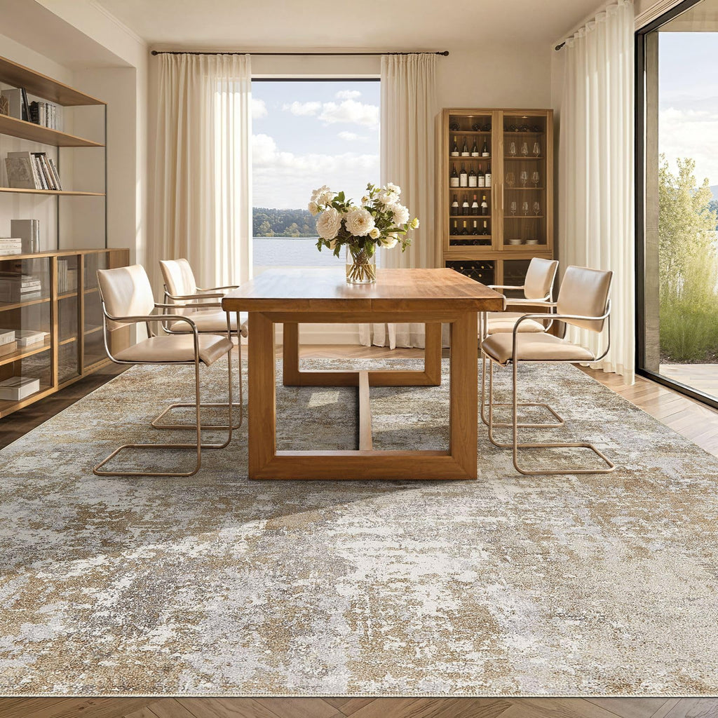 Washable 12x15 Area Rug : Modern Abstract Neutral Large Soft Thin Rugs - Non Slip Indoor Carpet Dining Room Office
