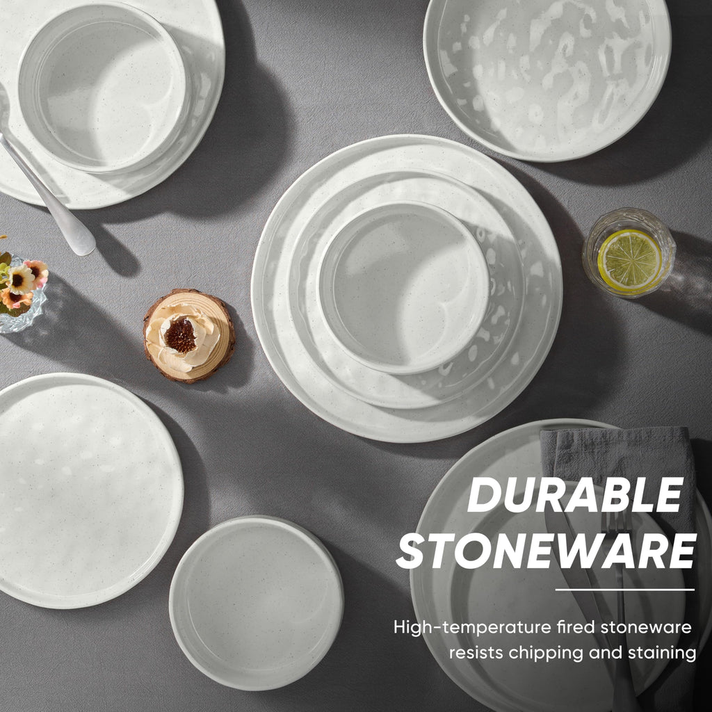Stoneware Dinnerware Set, 8-Piece White Plates and Bowls Sets for 2