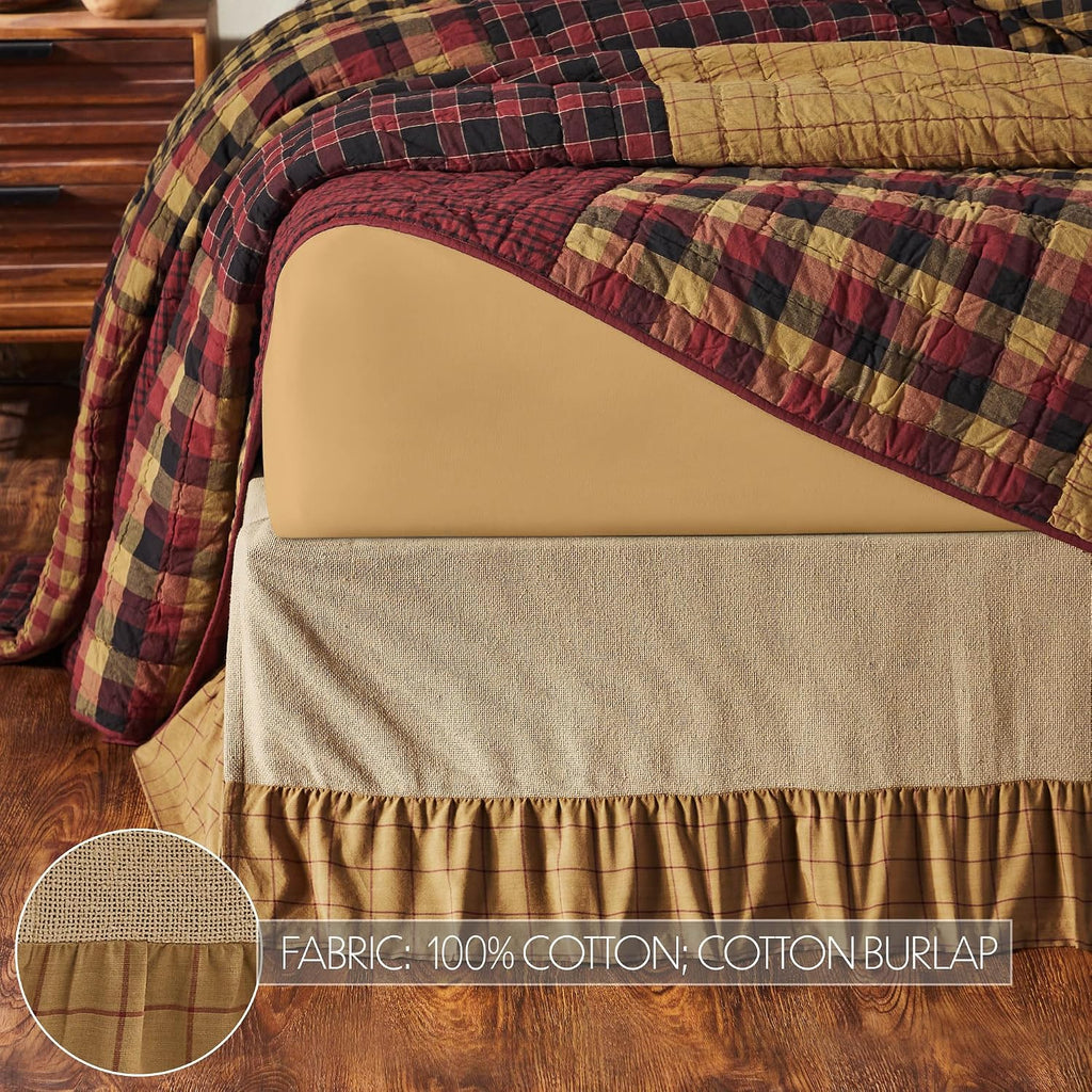 Connell Rustic Farmhouse Burlap Windowpane Plaid Ruffled Twin Bed Skirt Burgundy Tan 39x76x16