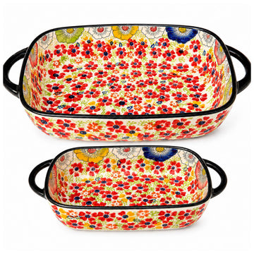 2-Piece Hand-Painted Polish Pottery Style Ceramic Baking Dish Set