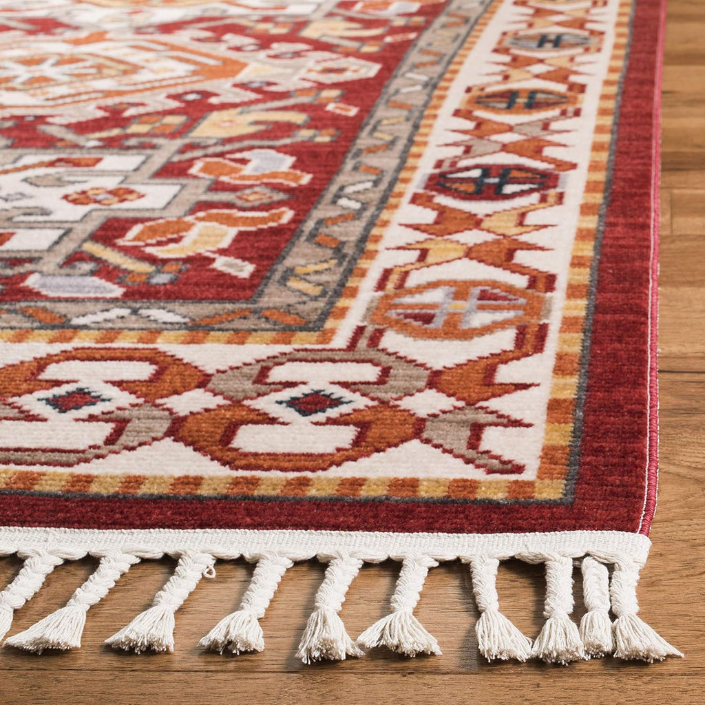 Area Rug - Farmhouse Collection - Large - Ivory & Red, Oriental Tribal Tassel Design, Non-Shedding & Easy