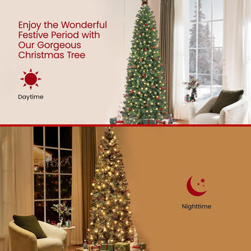 7.5ft Pre-lit Pencil Spruce Christmas Tree, Artificial Slim Xmas Fir, Pre-Decorated, Party, Holiday Decor W/ 948