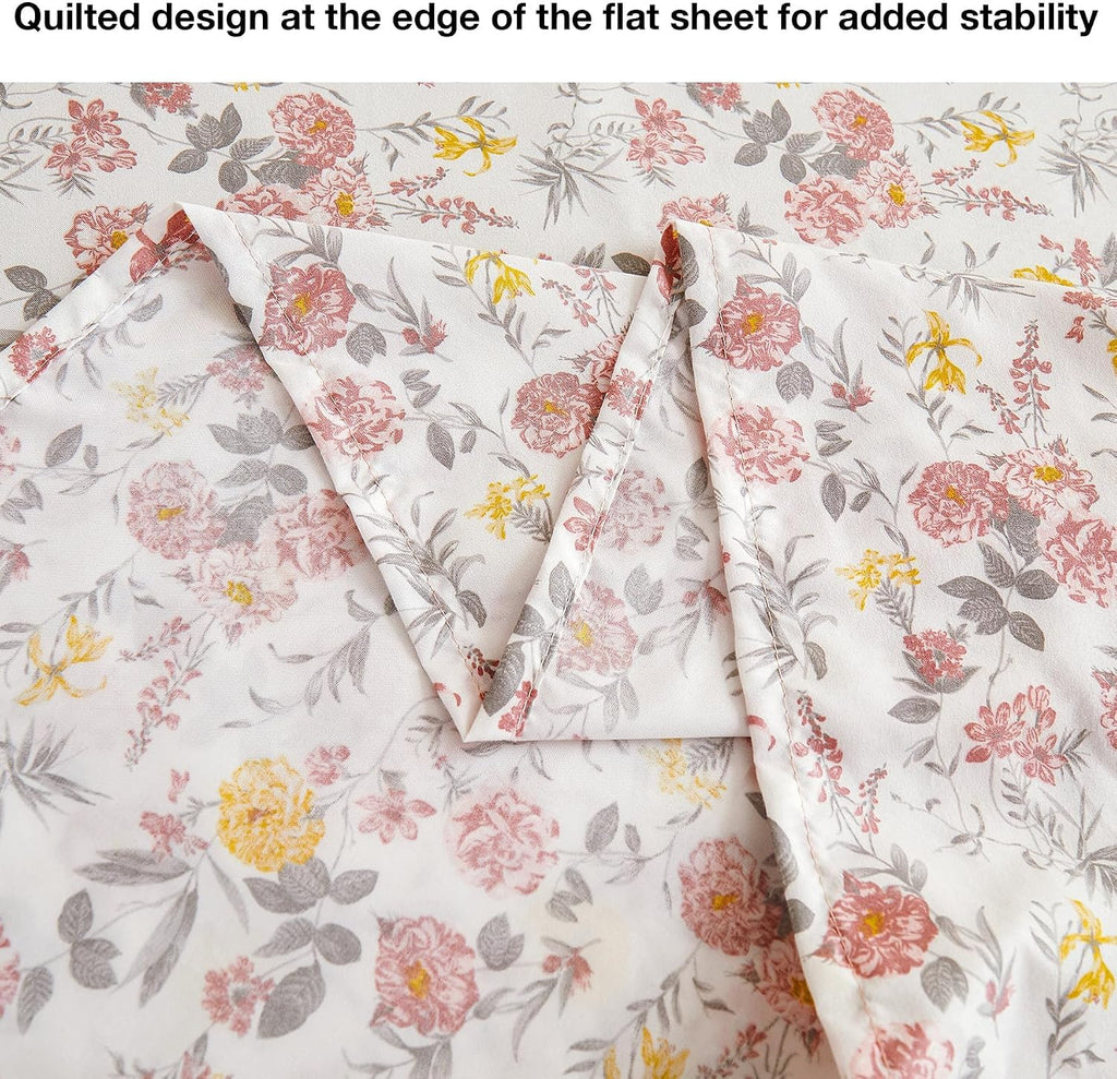 Floral King Sheet Set - 4 Piece Vintage Pink & Yellow Flower Patterned Bed Sheets - Soft, Breathable Microfiber