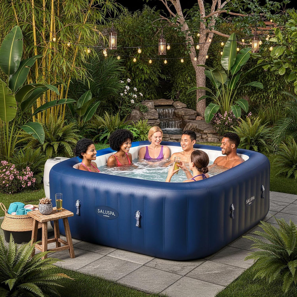 SaluSpa Hawaii 4 to 6 Person Inflatable Hot Tub, Square Energy-Efficient Portable Outdoor Spa with 140 AirJets, 71" x