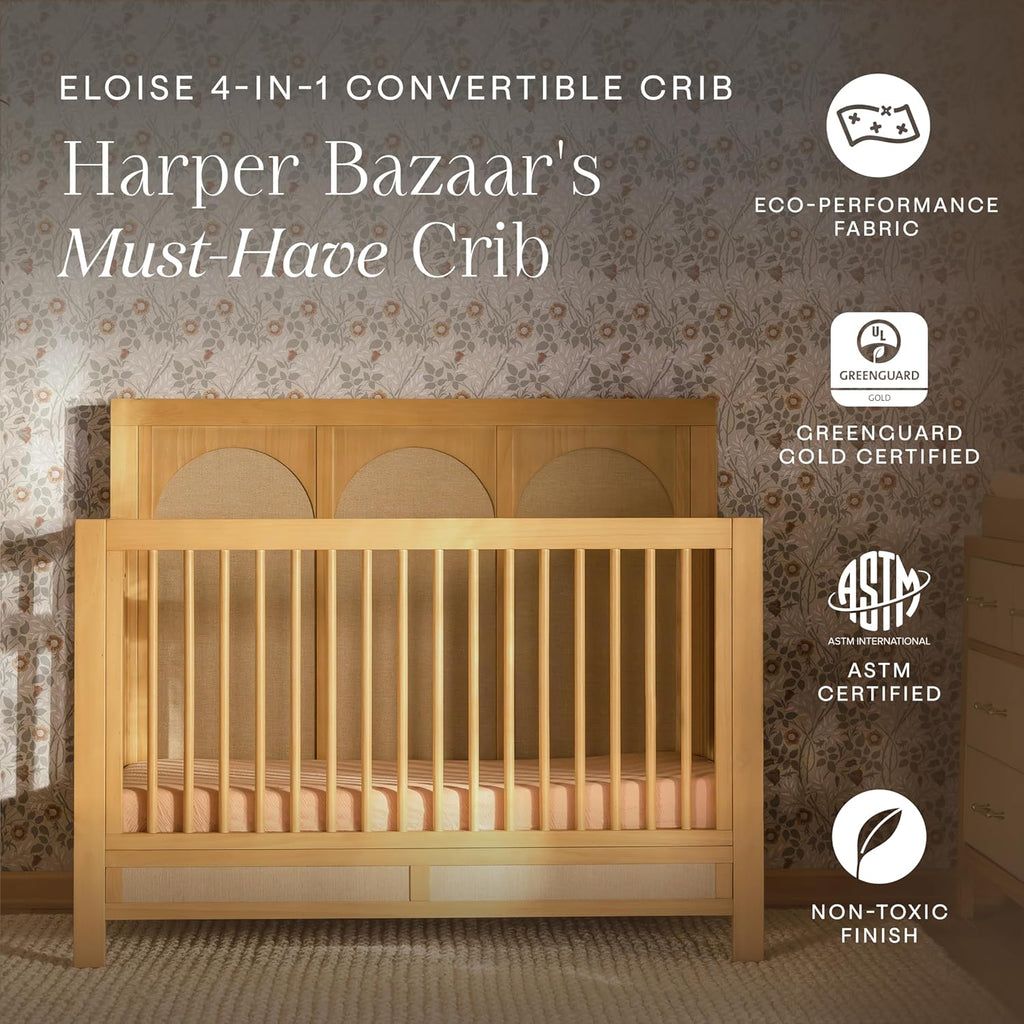 Eloise 4-in-1 Crib, Honey & Performance Sand Eco-Weave | GREENGUARD Gold Certified - Baby Crib Convertible to Toddler