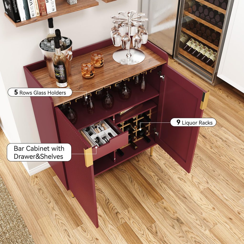 Coffee Bar Cabinet with Wine Rack&Glass Holder, Red