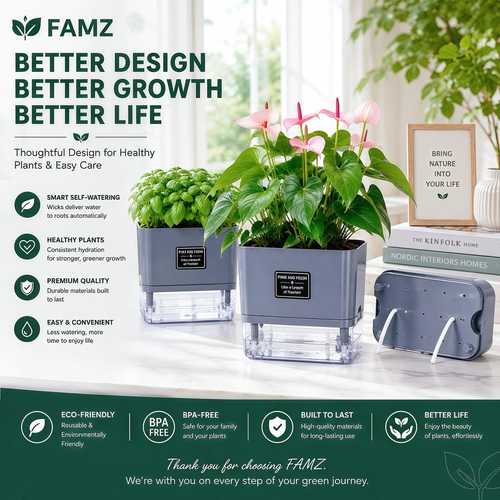 Self Watering Planters 4 Pack, 7 Inch Rectangle Plant Pots with Visible Water Reservoir, Indoor Outdoor Herb Planter
