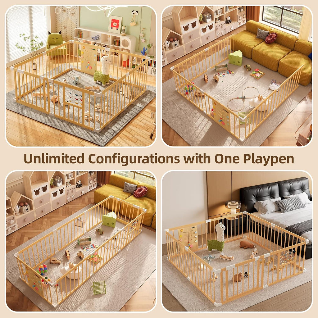 Wooden Baby Playpen with Locking Gate, Extra Large Playpen for Babies and Toddlers, Size Adjustable Activity Center