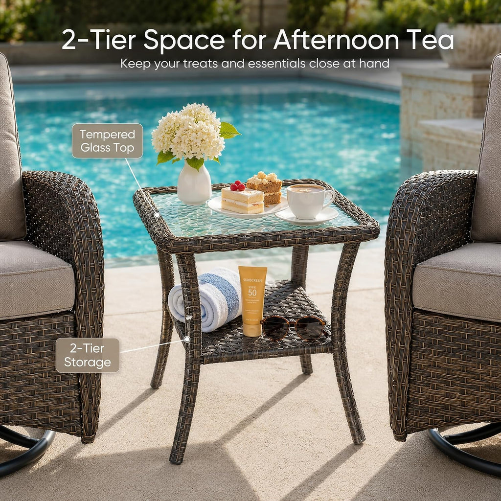 3 Piece Wicker Patio Swivel Rocker Set with Table, Brown/Grey | PE resin wicker, rust-resistant frame, glass top