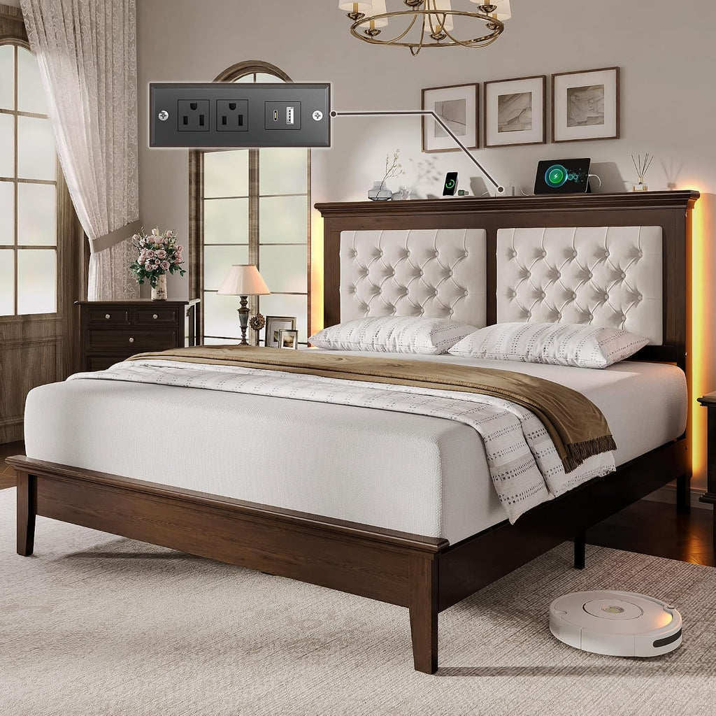Solid Wood Queen Bed Frame 41.5" Tall Diamond-Tufted Upholstered Headboard, American Classic Flat-Top Bed, Stable