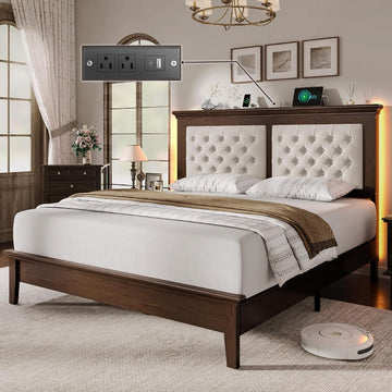 Solid Wood Queen Bed Frame 41.5" Tall Diamond-Tufted Upholstered Headboard, American Classic Flat-Top Bed, Stable