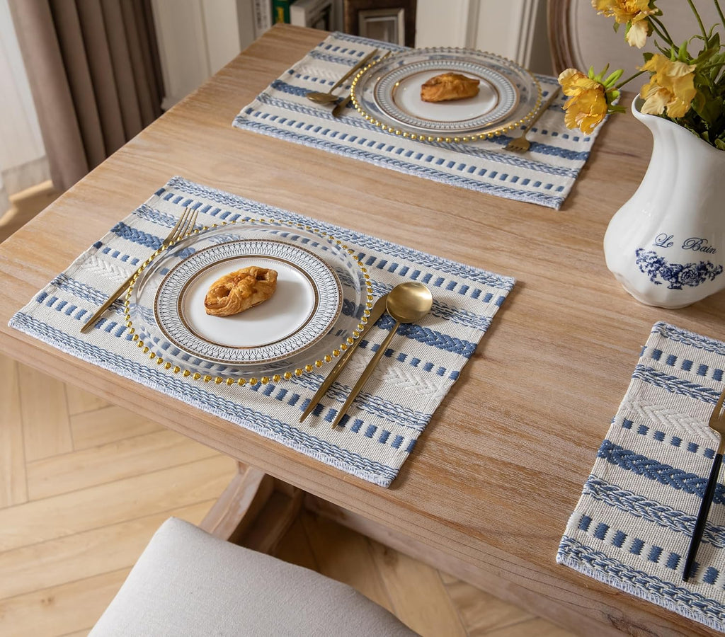 Boho Placemats, Blue Beige Cotton Linen Woven Place Mats - Set of 6