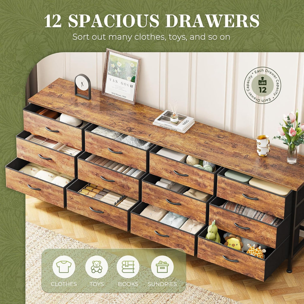 70 Inch Dresser , TV Stand for 65, 75, 80 Inch TV, 12 Fabric Drawer Long Dresser, Large Entertainment Center , Wide