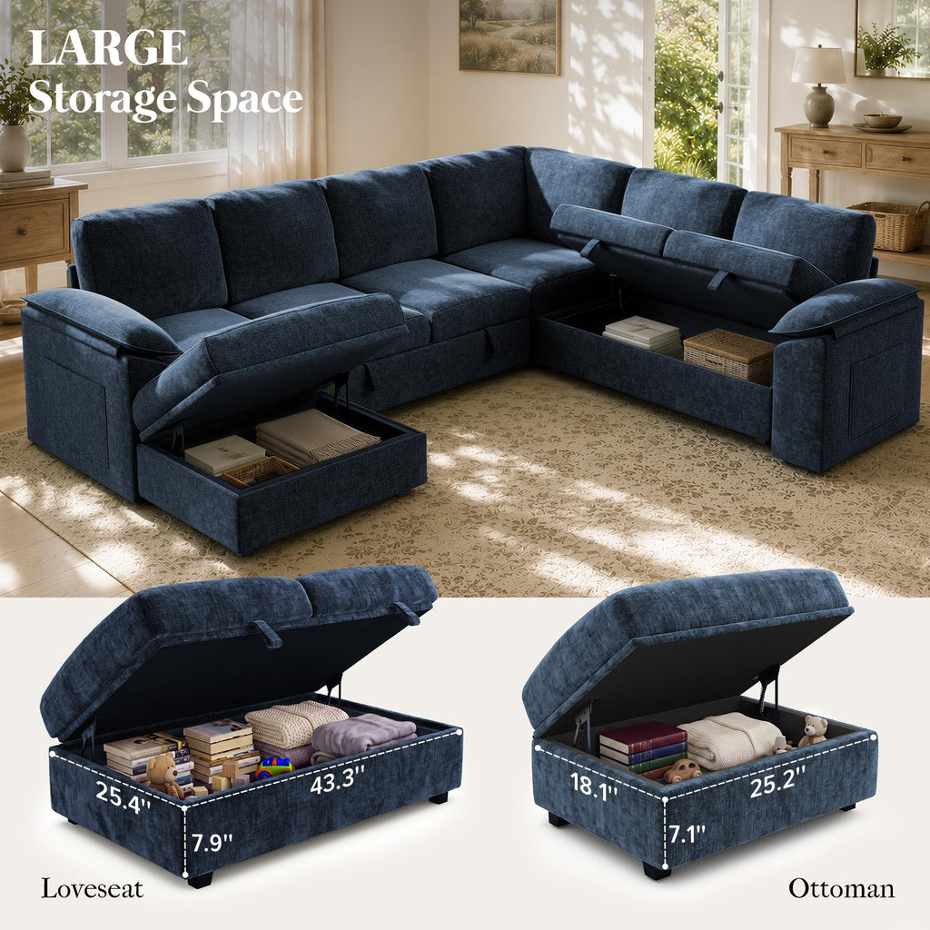 108 inch Modular Sectional Sleeper Sofa with Pull Out Bed, Blue