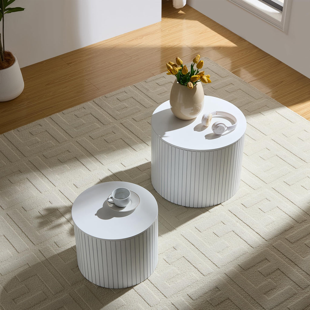 Round Coffee Set of 2, Wood Small Nesting Tables with Storage, Circle Side, Modern Accent End with Moveable Lid