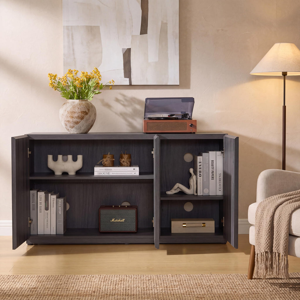 46.96" TV Stand, Fluted Mid-Century Modern 3 Doors, Charcoal Oak