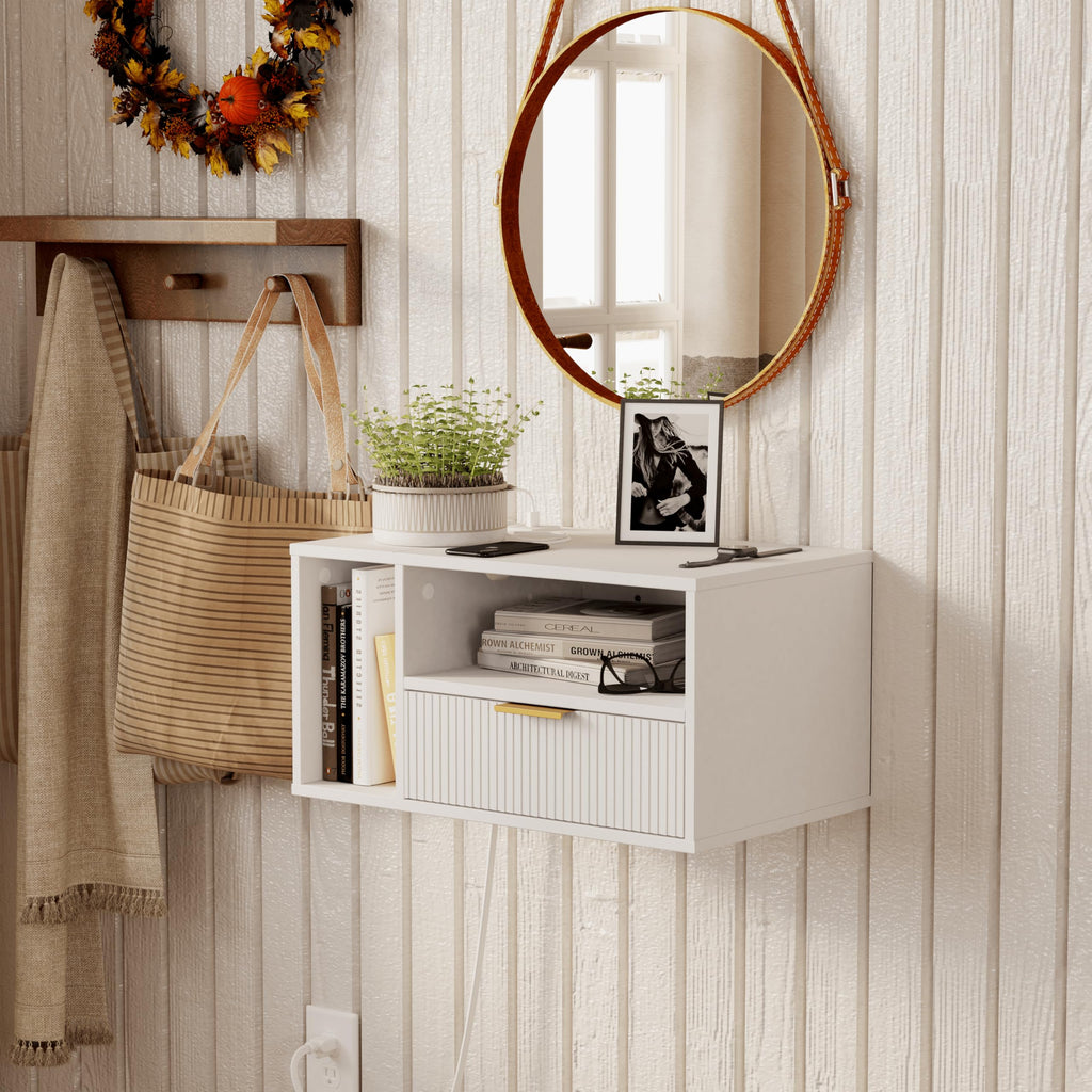 White Floating Nightstand with Charging Station and LED Lights, White