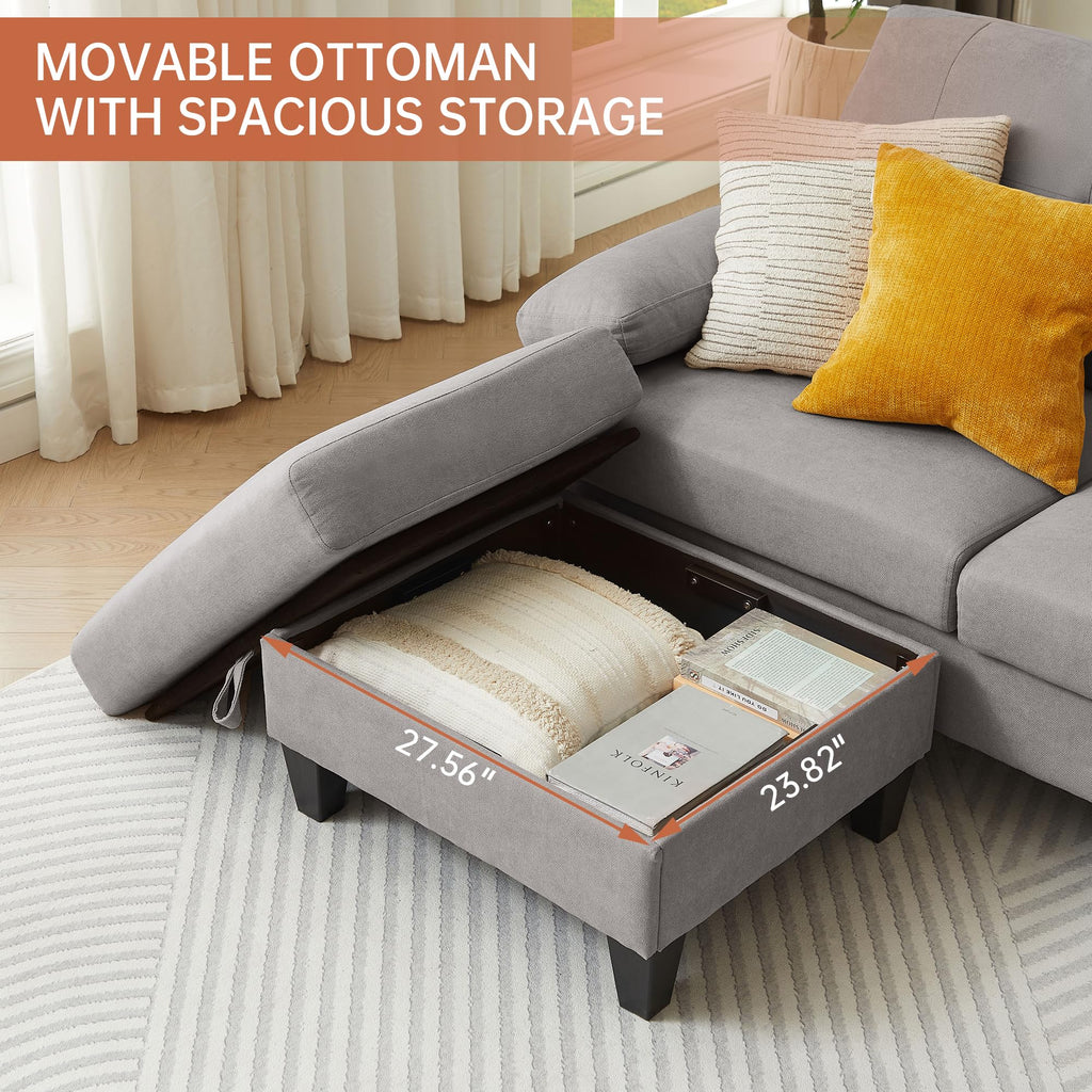2 Pieces Sectional Sofa Set, 79" 3-Seat L Shaped Couches with Storage Ottoman and 48" Loveseat Sofa Set Polyester