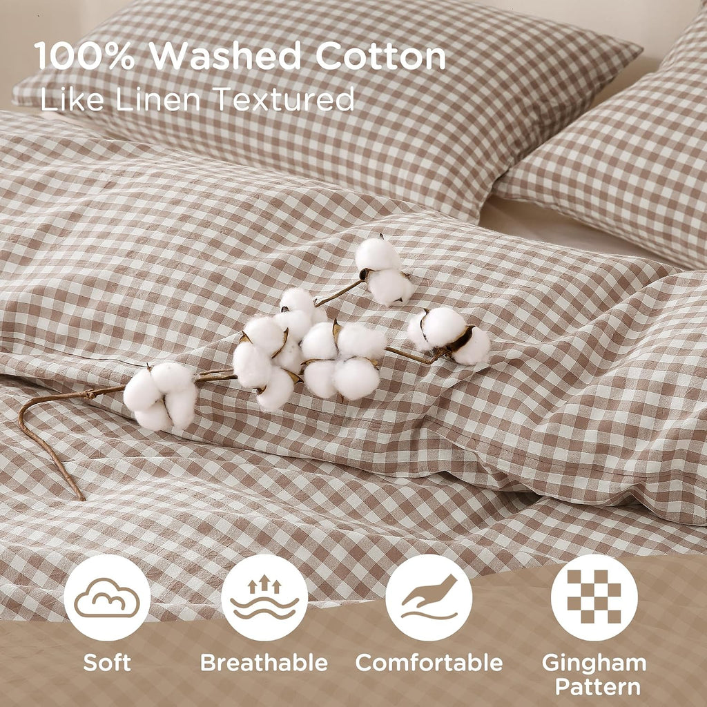 Tan Gingham Duvet Cover Bedding Set 100% Washed Cotton Like Linen Feel Super Soft Comfy 3 Piece Brown Vintage Plaid