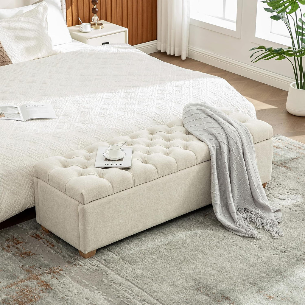 60.2" Storage Bench, End of Bed Storage Benches, Chenille Fabric Upholstered Ottoman Bench with Safety Hinge Entryway