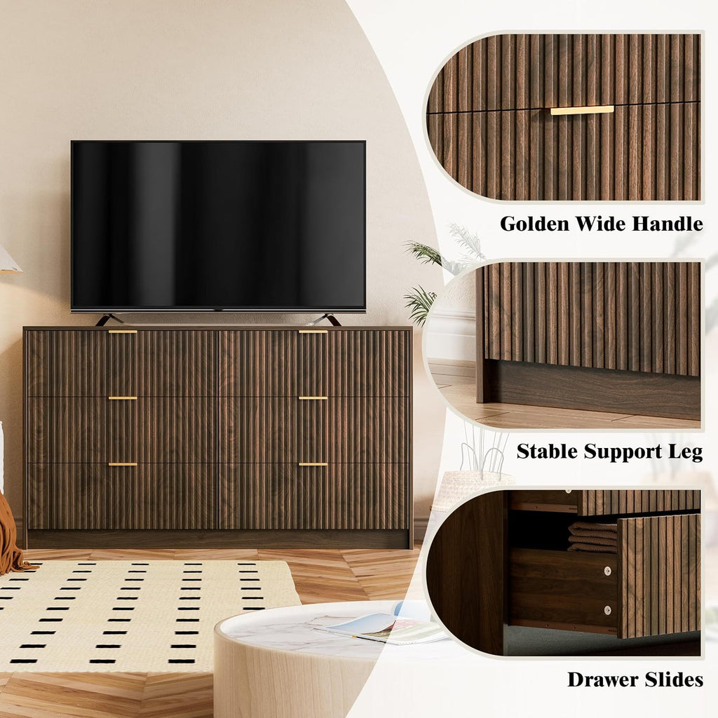 Walnut Dresser , Modern Dresser with 6 Drawers and Smooth Slides, Wide Chest of Drawers with Golden Handles , Closet