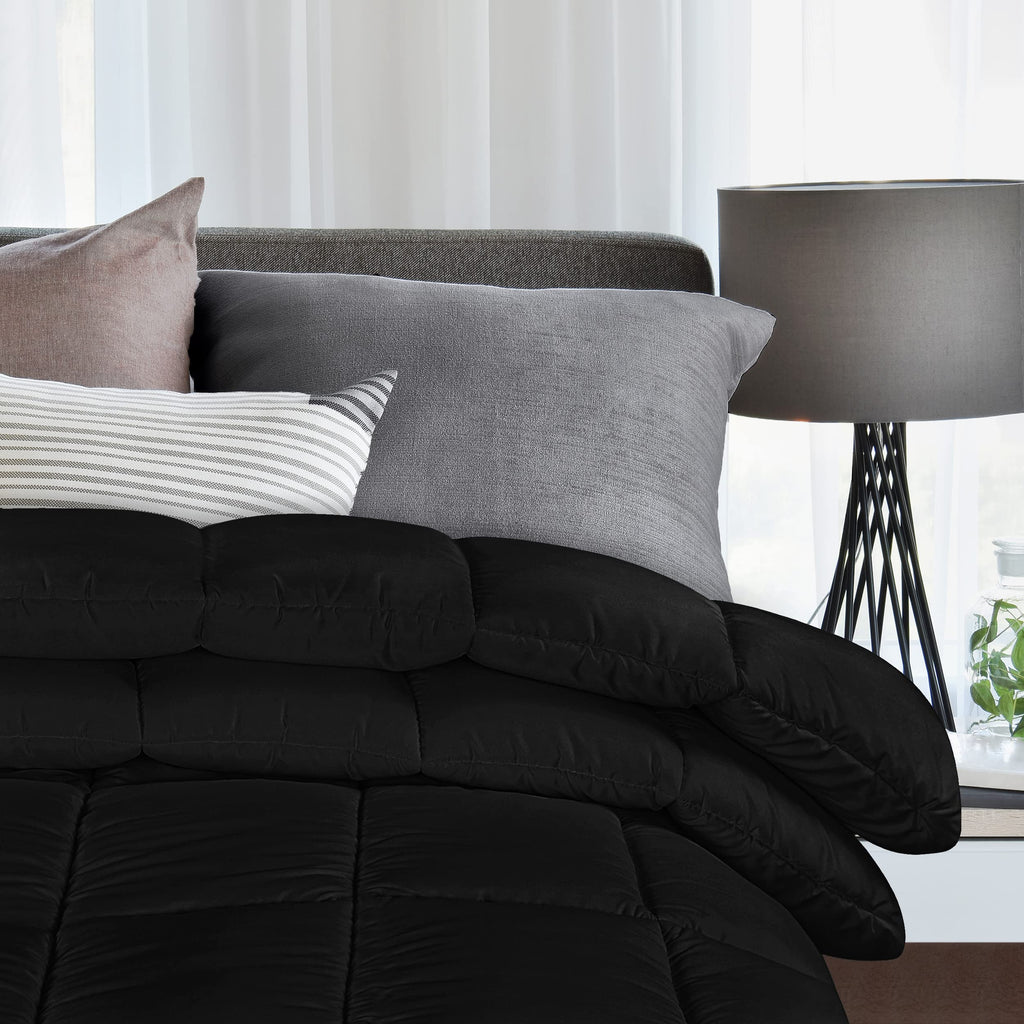 Comforter Duvet Insert, Quilted Comforter with Corner Tabs, Box Stitched Down Alternative Comforters (Black, Double)