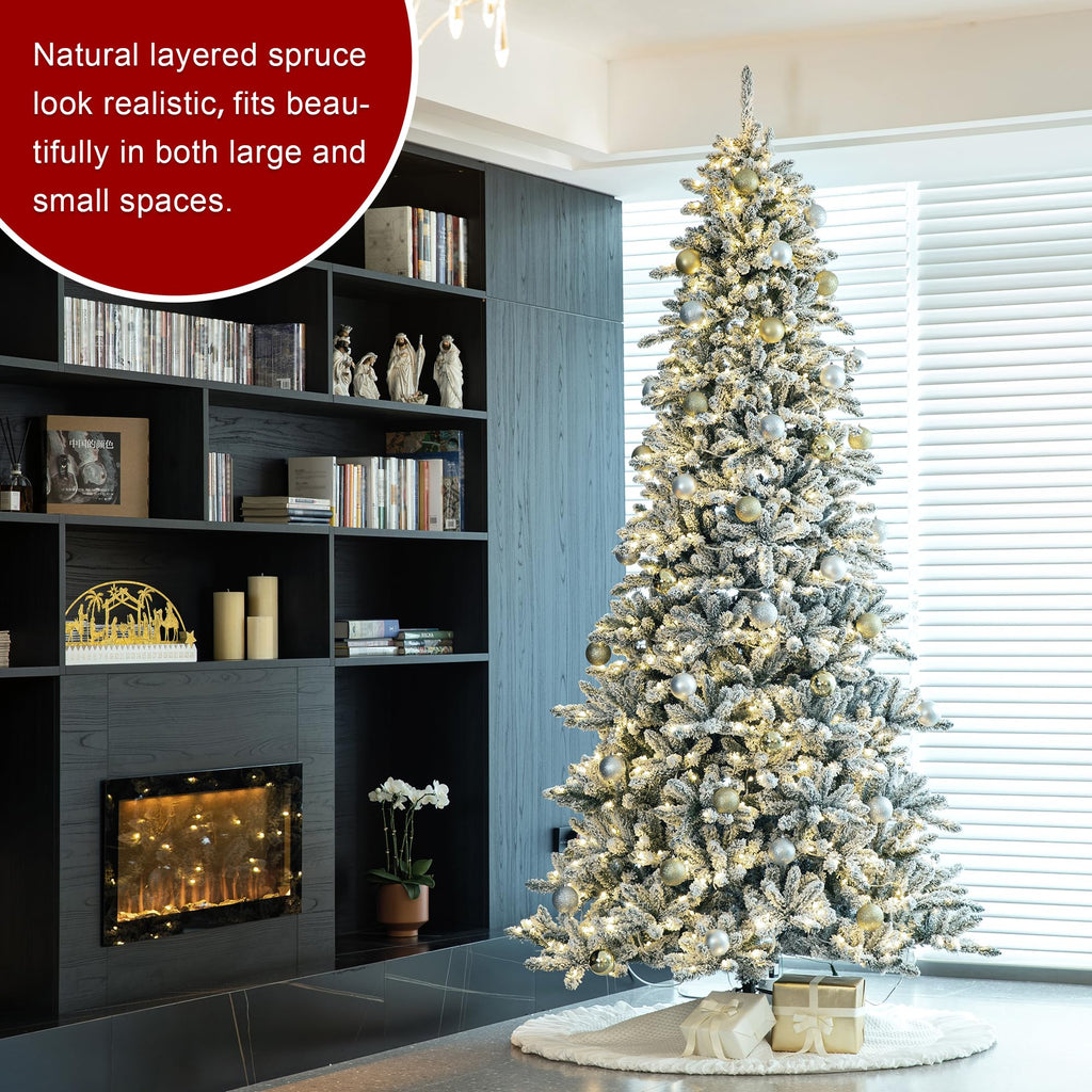 10ft Pre-Lit Flocked Fir Artificial Christmas Tree with 750 Warm White Lights, Full Size Large Xmas Tree for Holiday