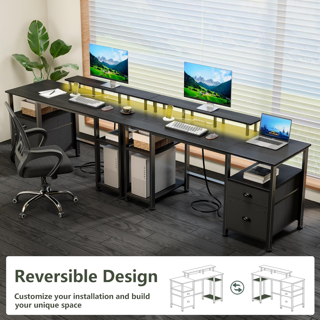61" Gaming Desk with Outlets & LED, Large Computer Desk, Black | AC Outlets & USB, Ergonomic Monitor Stand, Drawer &