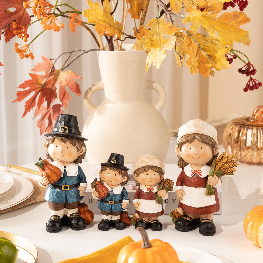 Fall Decorations, 2 Pcs Fall Decor for Table Indoor Outdoor, Resin Thanksgiving Decorations Garden Pumpkins Pilgrim