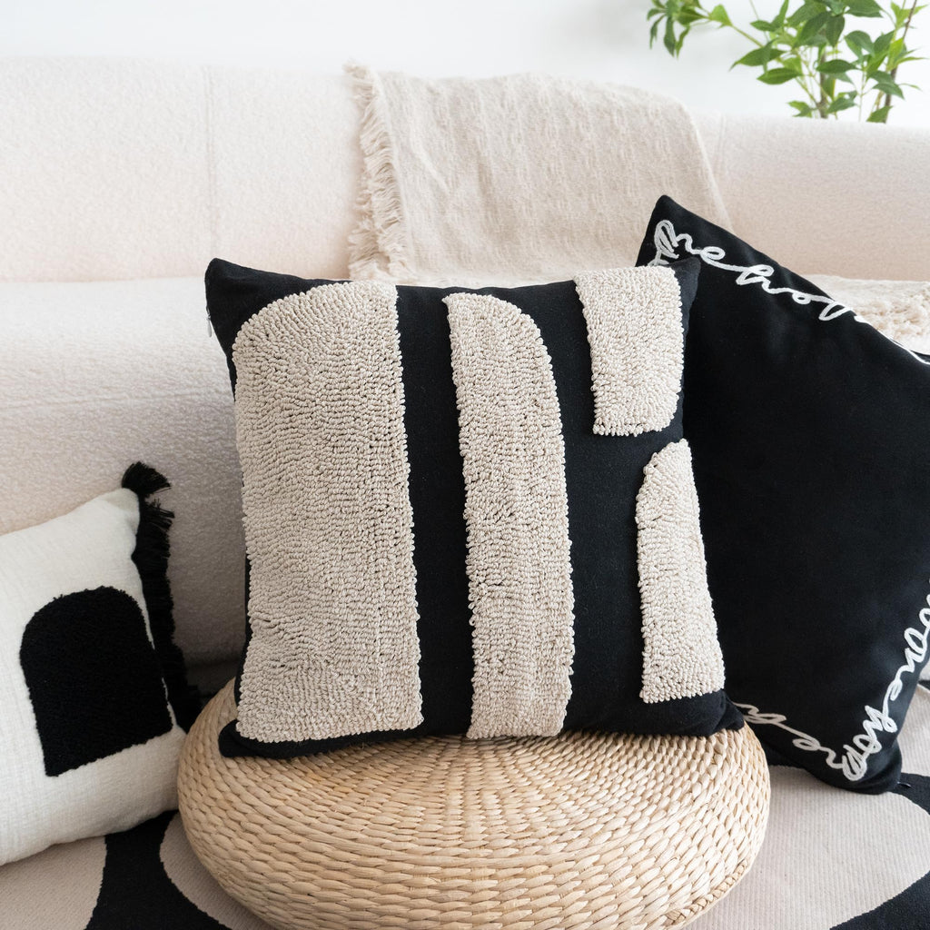 Black Cream Boho Chunky Tufted Pillow Cover, Neutral Decorative Square Throw Pillow Case, Geometric Woven Modern Sham