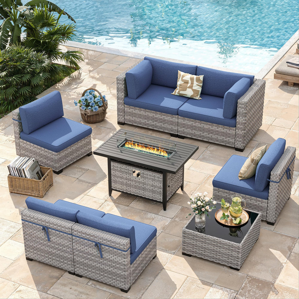 6-Seat Modern Outdoor Wicker Rattan Patio Furniture Set with 55, 000 BTU Fire Pit Table, Thick 4′′ Cushions