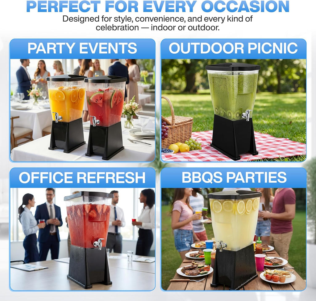 Large Drink Dispenser for Parties (3 Gallon) Slim Plastic Beverage Dispenser with Base for Counter Tops, No Mess