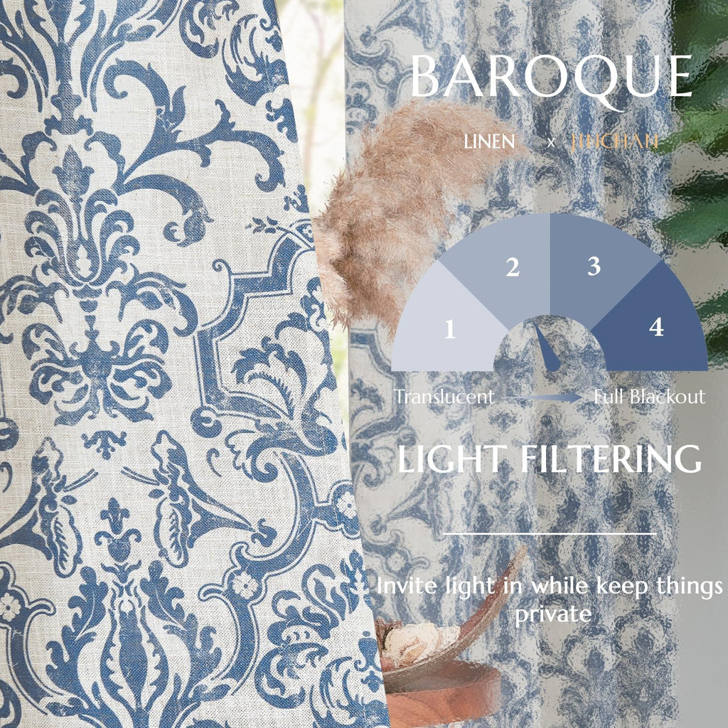 Blue Linen Curtains Light Flitering Grommet 96 Inch 2 Panels