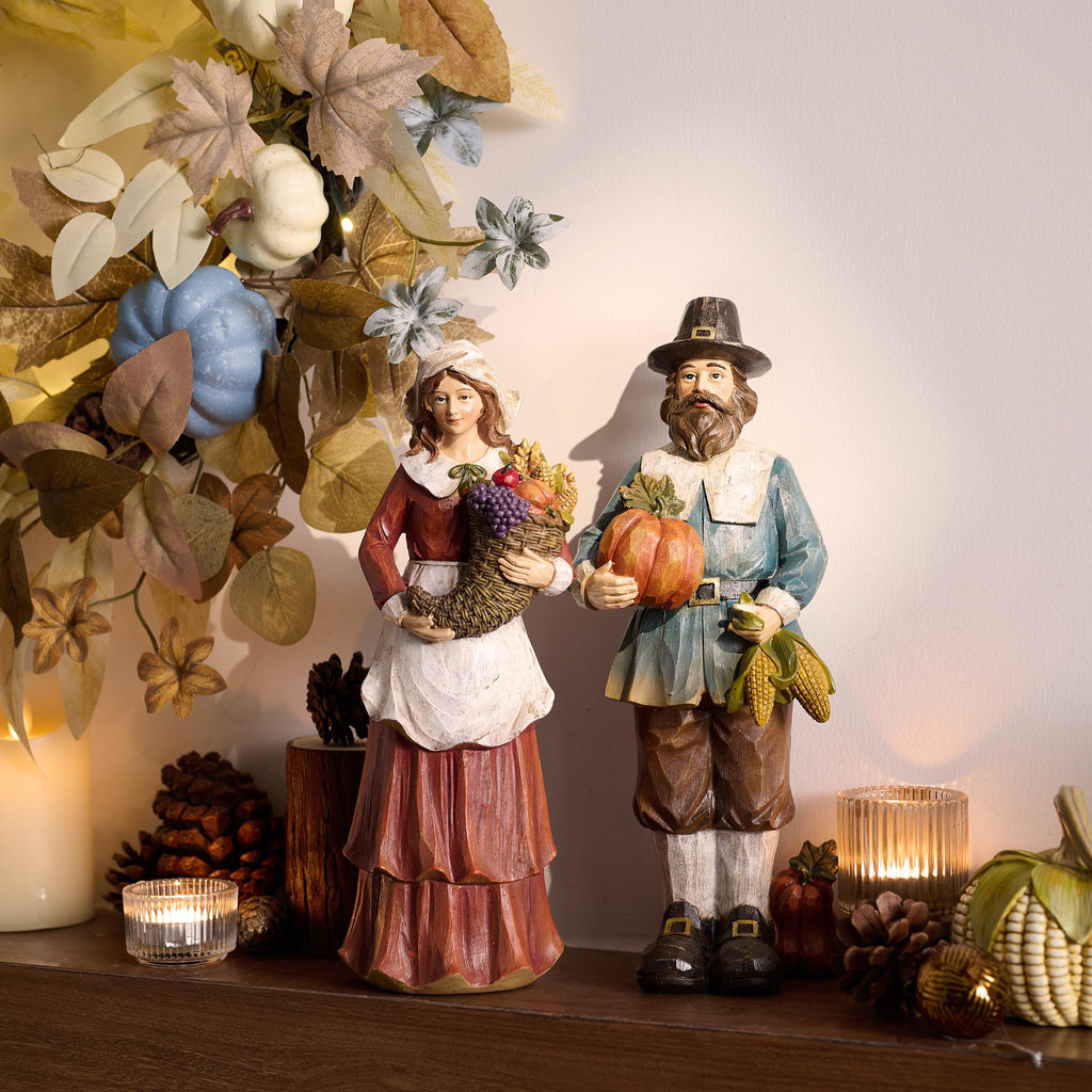 Fall Decorations, 2 Pcs Couple Fall Decor for Table Indoor Outdoor, Resin Thanksgiving Decorations Garden Pumpkins