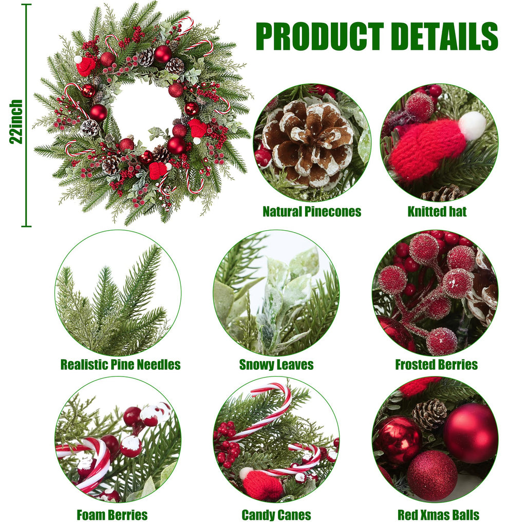 22'' Artificial Christmas Wreath for Front Door with Red Balls Candy Canes Pine Needles Red Berries Pine Cones