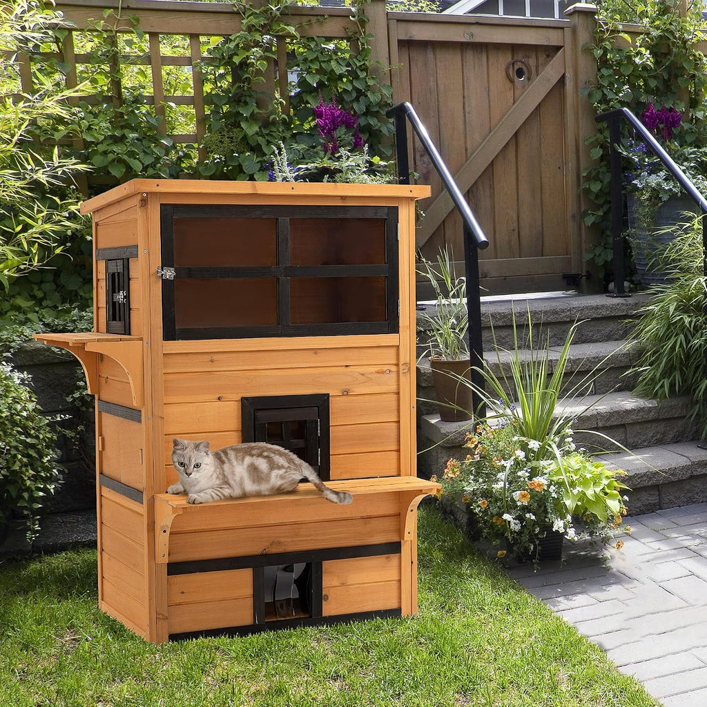 3-Story Cat House Outdoor Cat Condo with Asphalt Roof Yellow