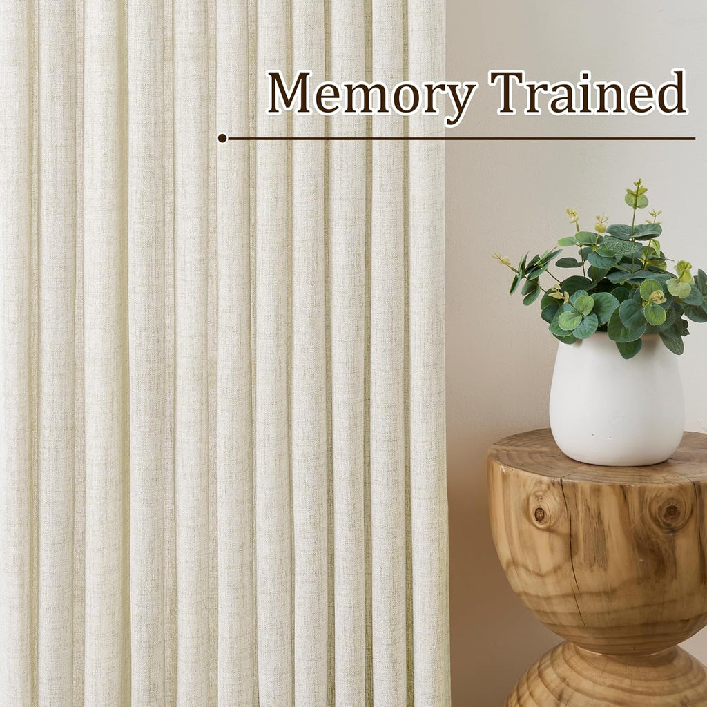 Natural Pinch Pleated Curtains 120 Inches Long Set of 2, Linen Drapes Back Tab with Hooks,Light Filtering Window