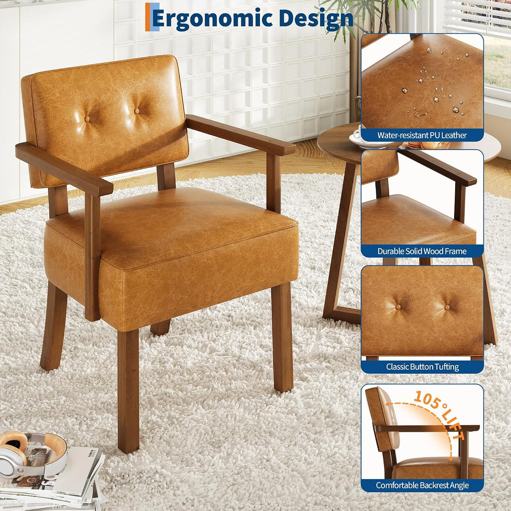 Mid-Century Accent Chair with Wood Frame, PU Leather Upholstered Lounge Arm Chair with Classic Button - Set of 2